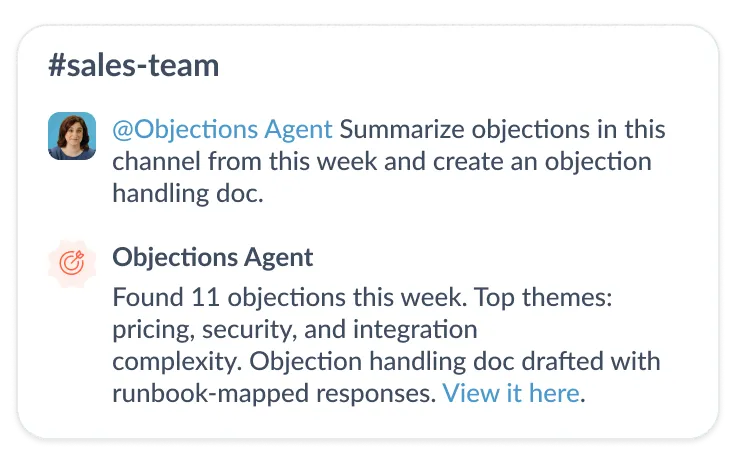GoSearch AI agent turning objections into a handling doc with runbook-mapped responses