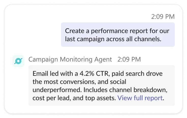 GoSearch AI agent generating a cross-channel performance report from a chat request