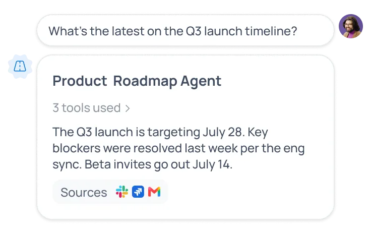 GoSearch AI agent answering a Q3 launch timeline question with blockers resolved and beta invites confirmed