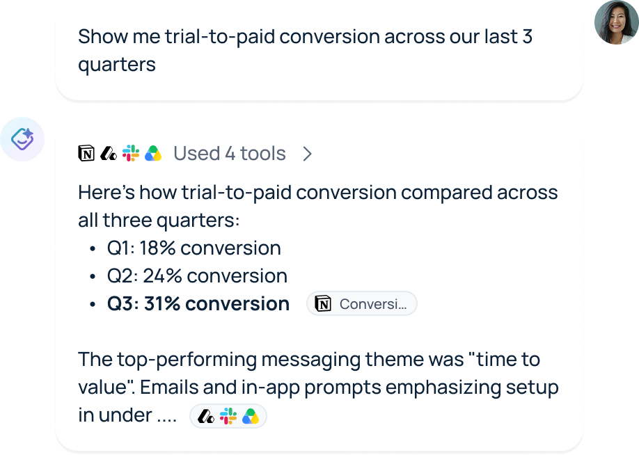 GoSearch AI workplace assistant answers a trial-to-paid conversion question, returning results across three quarters with a top-performing-message insight