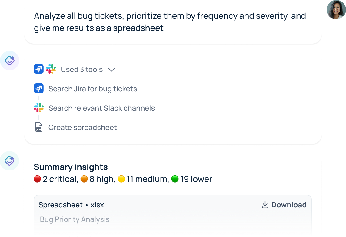 GoSearch AI workplace assistant analyzes bug tickets across Jira and Slack, ranks them by frequency and severity, and returns results