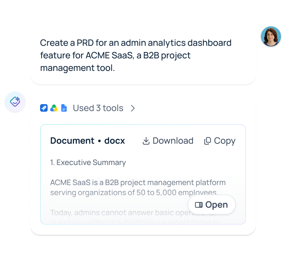 GoSearch AI chat assistant turns a chat request into a finished product requirements doc for a B2B SaaS dashboard feature