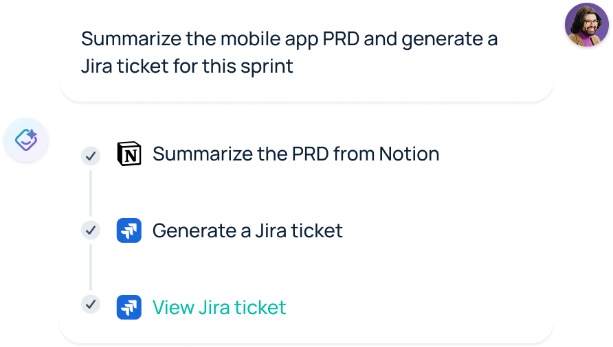 GoSearch AI workplace assistant turns answers into action, summarizing a mobile app PRD from Notion and opening a Jira ticket for the sprint in one step
