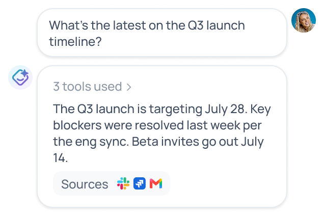 GoSearch conversational AI answers a launch timeline question with real-time detail from connected systems