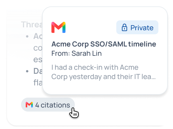 GoSearch AI-powered Q&A backs an SSO/SAML rollout answer with direct citations to the source documents