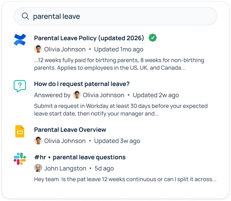 GoSearch ranks results by recency, owner, and team relevance for a parental leave query
