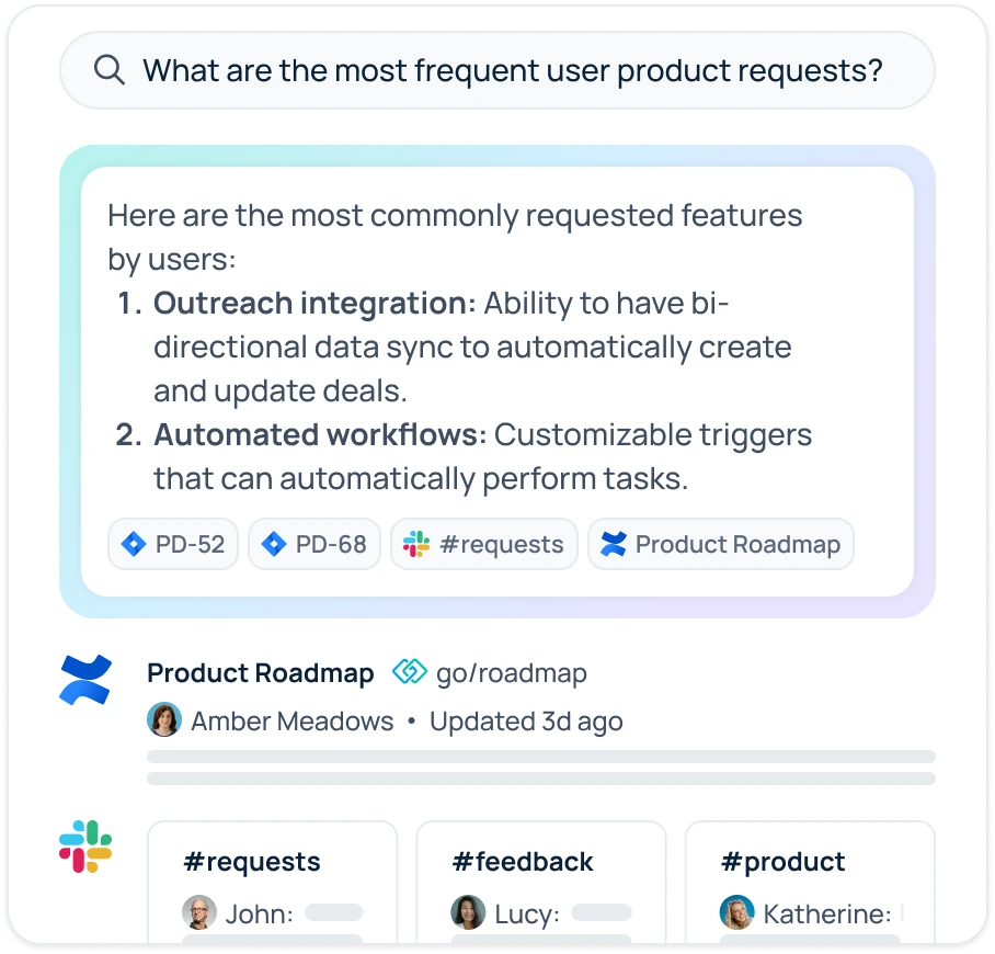 GoSearch AI enterprise search returns one cited answer to a product-requests question, pulled from every connected source