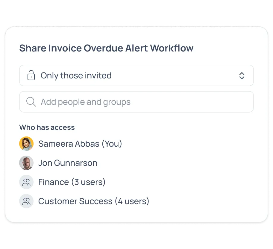 GoSearch shares a repeatable Invoice Overdue Alert workflow with only the people and teams invited to use it